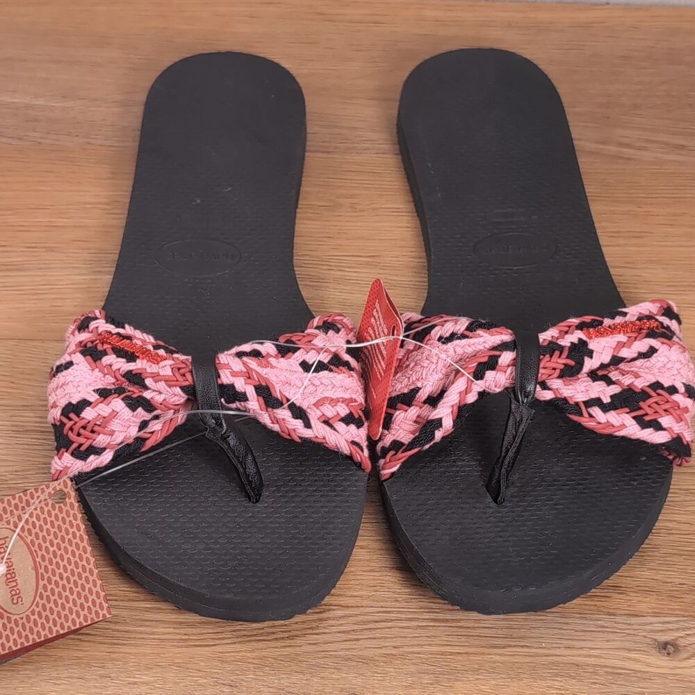Havaianas St. Tropez Women's 11-12 EU 43-44 Slide Sandals Pink Black Woven NWT